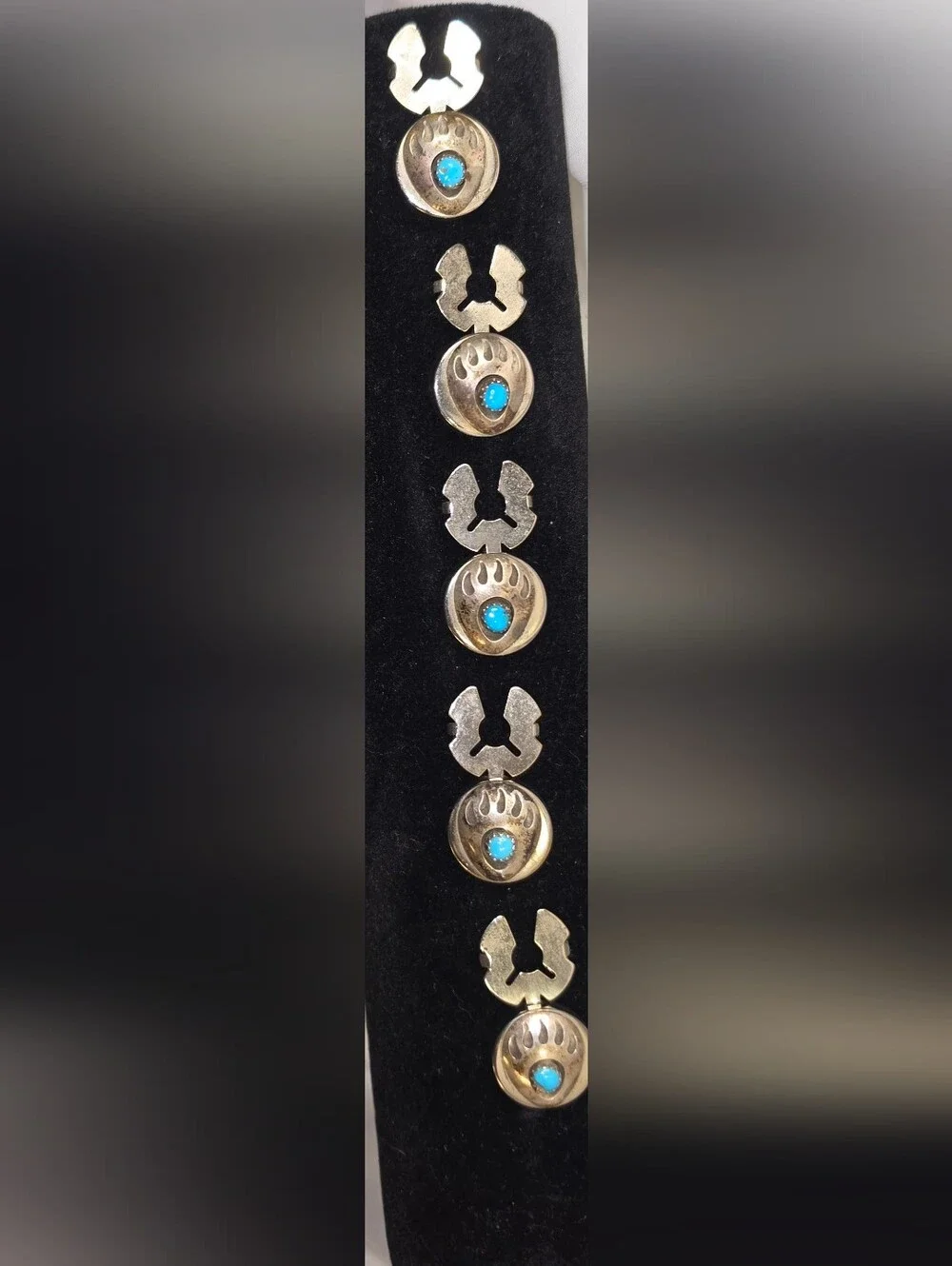 Vintage Sterling Silver Turquoise Bear Paw Button Set(5) - Blue